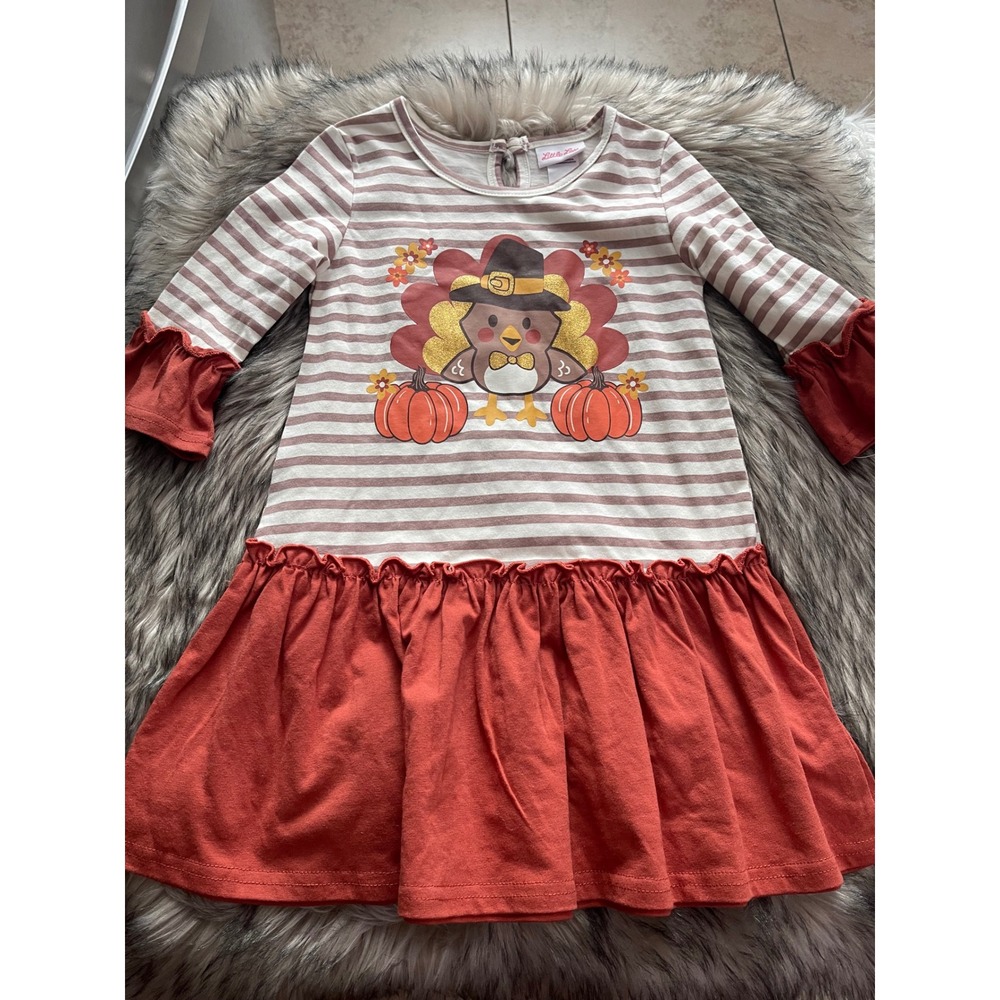 Little Lass Girl's Thanksgiving Turkey Dress Pumpkin Striped Ruffle Fall Size 5